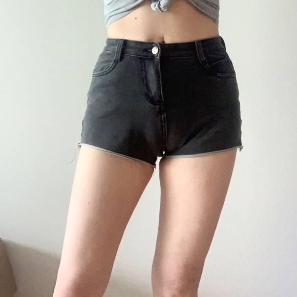 High Rise Stretchy Charcoal Grey Denim Shorts - Picture 1 of 8